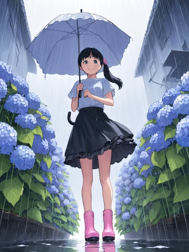 One girl,alone,umbrella,rubber boots,flower,closed umbrella,boots,Black Hair,skirt,rain,Iris,Twin tails,Long Hair,From below,smile,Hydrangea,stage,View your viewers,Pink footwear,Outdoor,water,Put your arms behind your back,shirt,Short sleeve,Are standing,bangs,black skirt,plant,Look down,waterたまり,Holding,snails,frilled skirt,Frills,whole body,