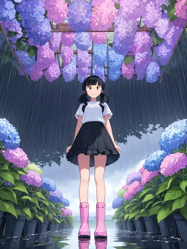 One girl,alone,umbrella,rubber boots,flower,closed umbrella,boots,Black Hair,skirt,rain,Iris,Twin tails,Long Hair,From below,smile,Hydrangea,stage,View your viewers,Pink footwear,Outdoor,water,Put your arms behind your back,shirt,Short sleeve,Are standing,bangs,black skirt,plant,Look down,waterたまり,Holding,snails,frilled skirt,Frills,whole body,