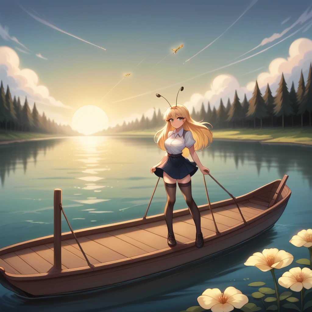 (High quality, 8k, original character), (Fact: 1.5), (Masterpiece, Best Quality, High Resolution: 1.2), Girl, Summer Night, (Stockings Smooth Texture: 1.5), Sexy Skirt, Delicate Eyes, Delicate Image, Boat, River, Face to Camera, A Large Lotus Blooms Behind It, Moonlight, Breeze, Fireflies