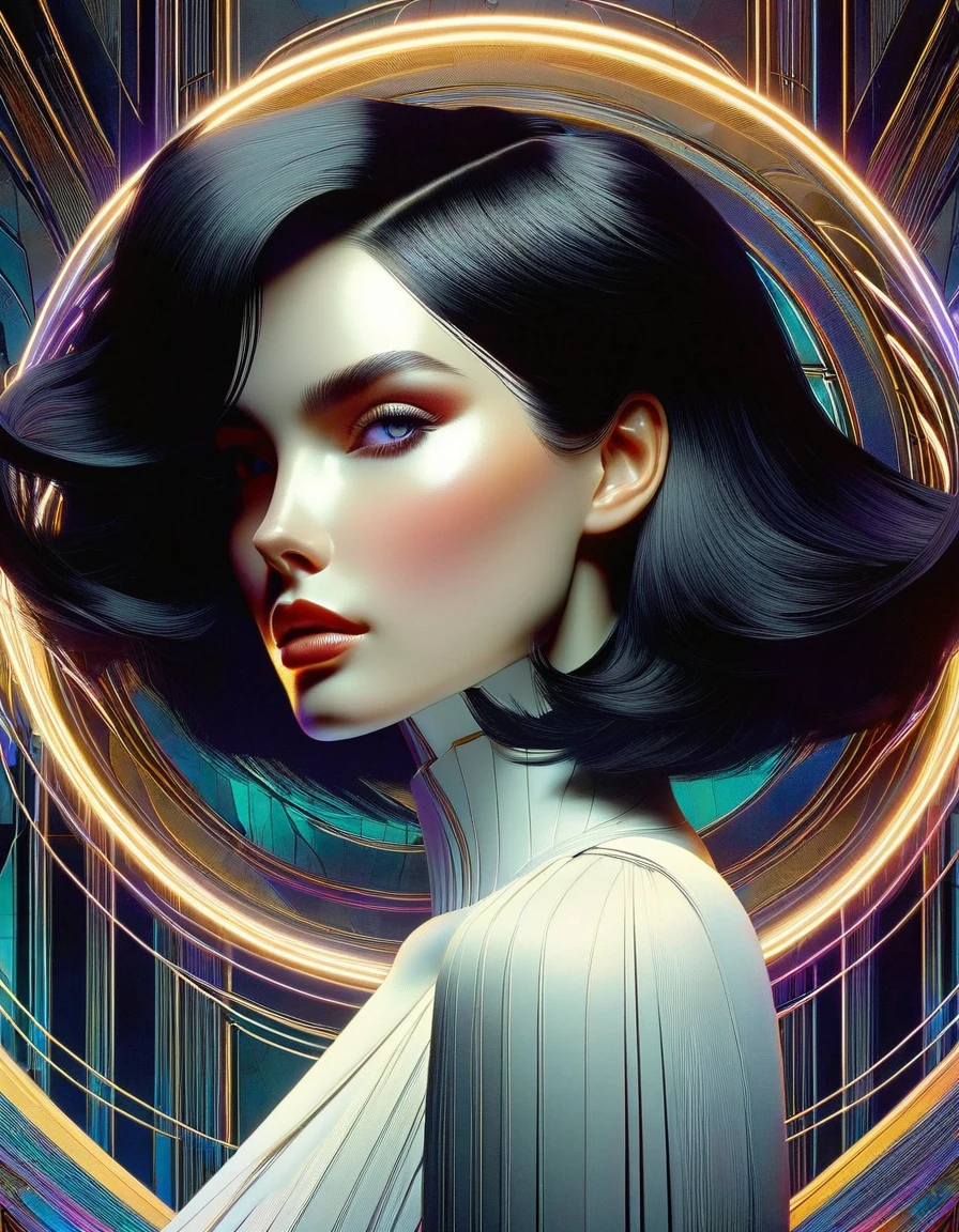 Portrait of the most beautiful format of chaos, elegant, brutalist design, bright colors, rovaronticism, girl with smooth black hair, white skin, atmospheric, trends on Artstation. (Alphonse Mucha style: 1.2), 3D rendering, .cgi, symmetrical, octane rendering, Darksynth aesthetic, minimalist background, gothic makeup, (art inspired by Bill Sienkiewicz). oil painting)
