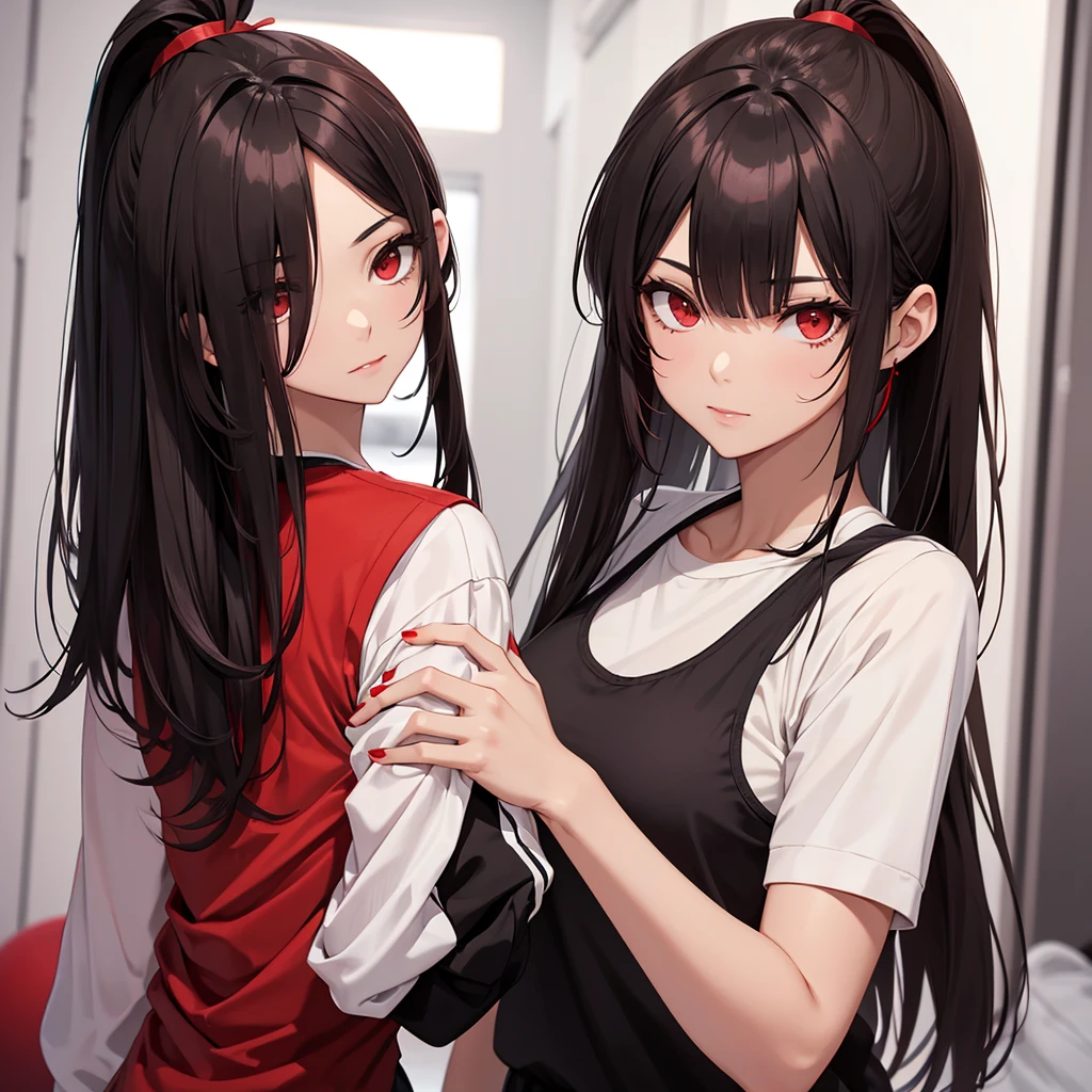 Tall girl Red eyes Dark hair Ponytail with fringes Face forward