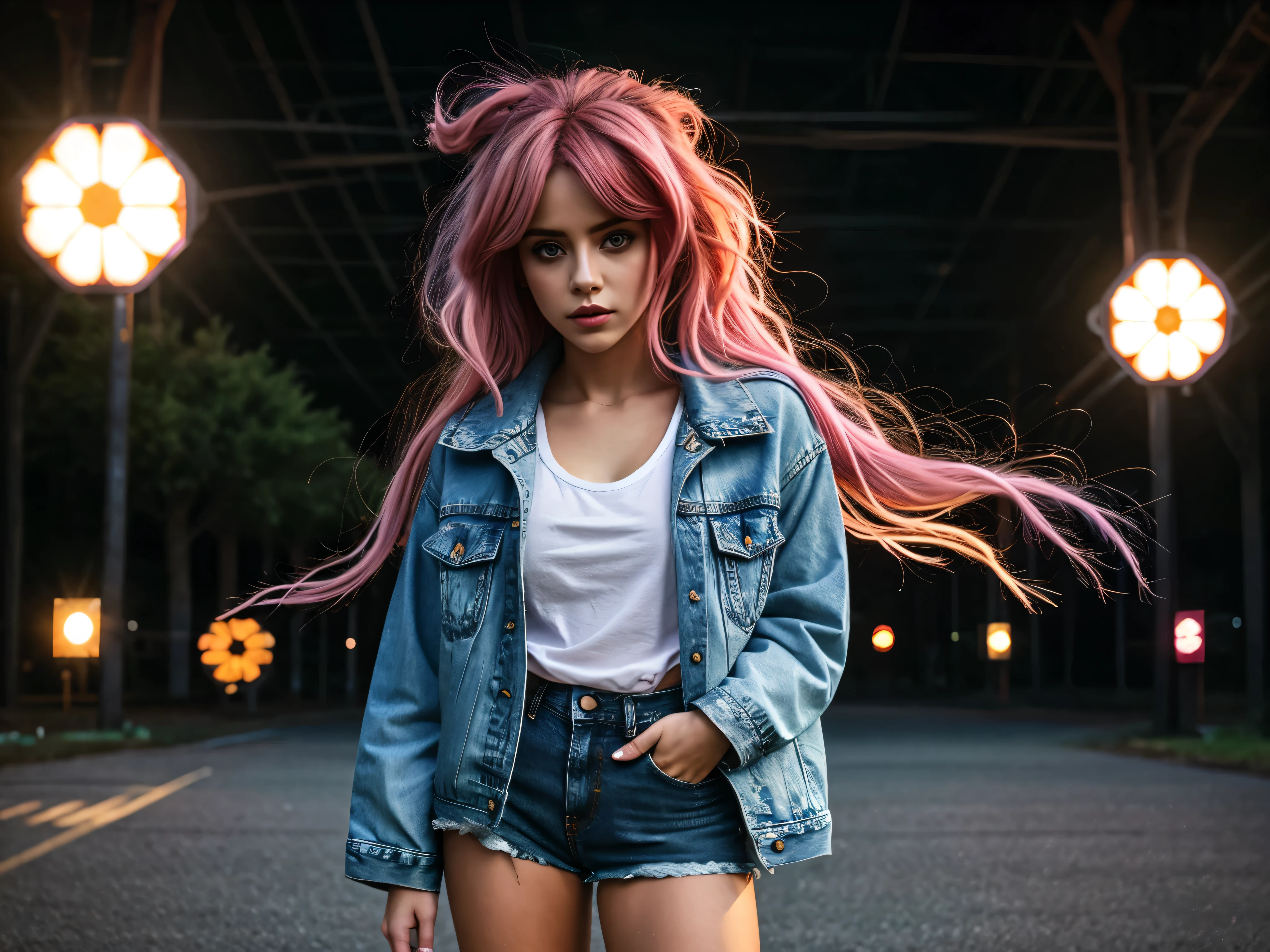 girl, pink hair, short black shorts, beautiful eyes, denim jacket, white T-shirt, field, HD effects, depth of field, contrast, panorama, kaleidoscopic , cinematic  