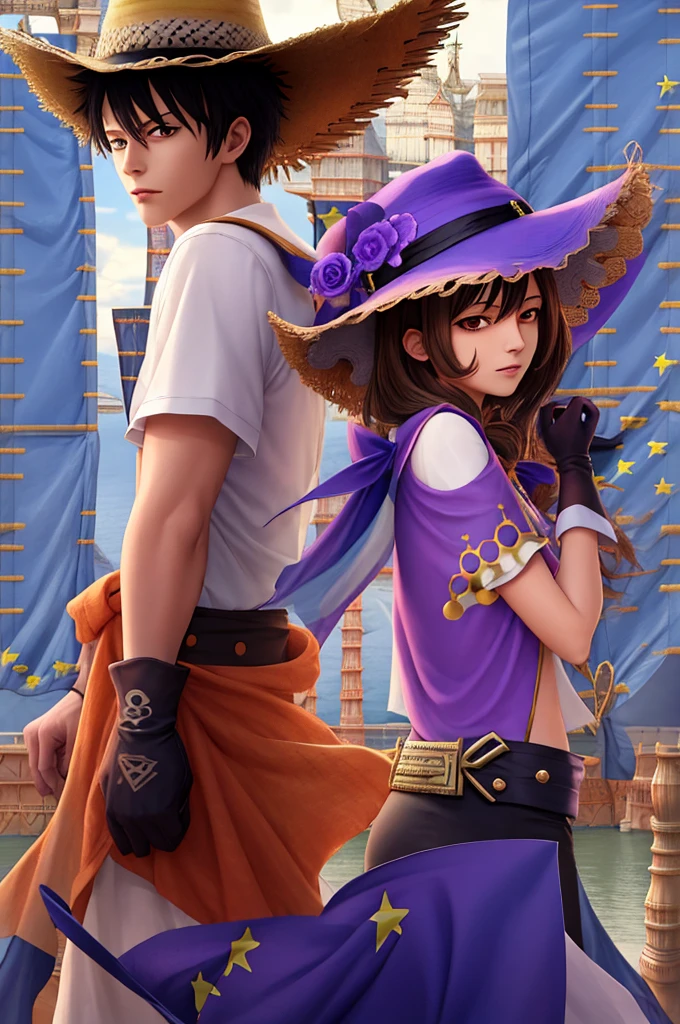 
a boy, perfect face, arms at her sides, masterpiece, ultra high resolution, high quality, 4k, upper body: 1.5, smooth \(genshin impact\), urple straw hat, brown eyes, black hair 
(PureErosFace_V1:0.008) , (European: 1.6), fringe, shirt, orange, Luffy from one piece, black gloves, parted lips, purple capelet, hat flower, multicolored shirt, hair ornament, one piece anime symbol, sideways ,