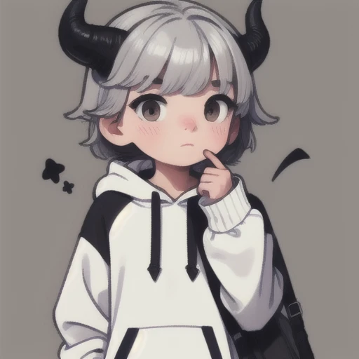 Boy, white, with gray hair, wearing a white hoodie and black demon horns, thinking.