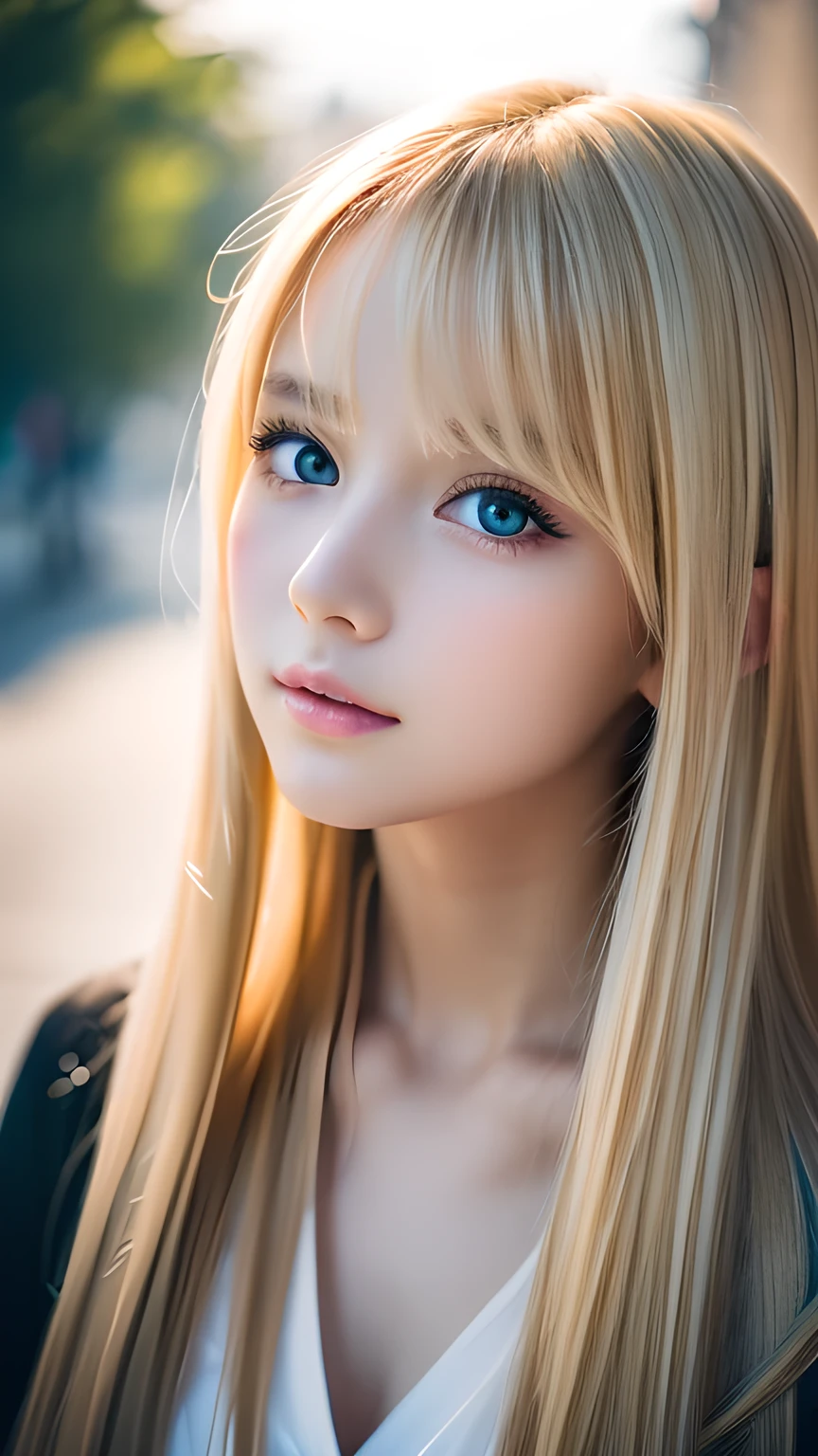 night、RAW Photos、(((A portrait of extreme beauty)))、((Glowing Skin))、1 girl、15 years old beautiful girl in Prague、((Natural light blonde hair))、[blue eyes]、Shiny, glossy skin、Silky long straight hair、eyeliner、Long Bangs、Hair between the eyes、Fluttering Hair、((masterpiece、最high quality、Super detailed、Film Light、Intricate details、High resolution、8K、Very detailed))、Detailed Background、8K uhd、Digital SLR、Soft Light、high quality、Film Grain、Fujifilm XT3 、Shallow depth of field、Natural light、（Perfect hands）、Perfect pretty face