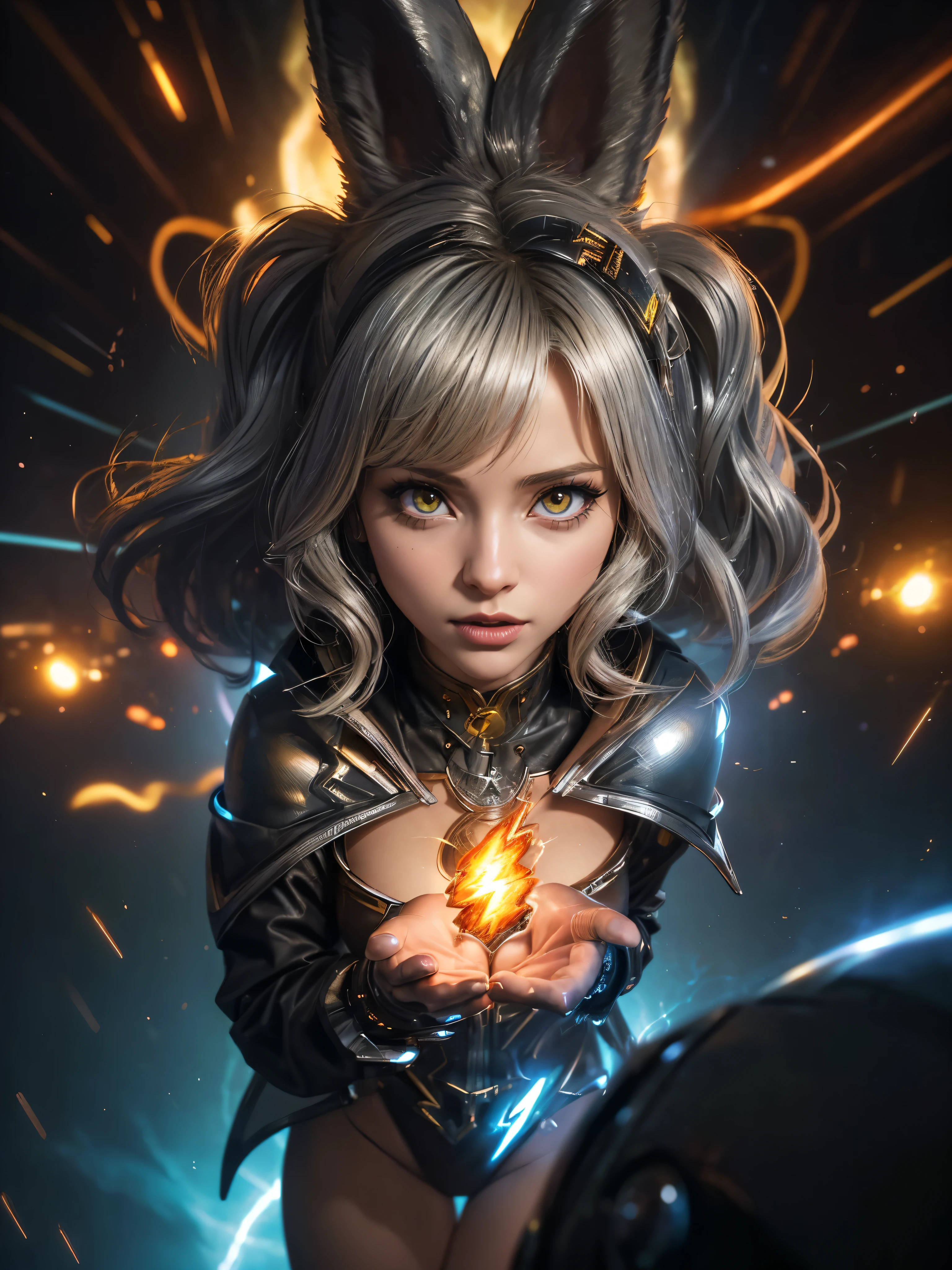 (((anthropomorphic silver bunny )1.1)),(((cinematic special effects 1.1))), ((HDR, UHD)), (( Cg cinematic style 1.1)) ,fantasy character heroine electric mage with lightening in her hand "full elementalist jacket", She masters the elements with magic, with her hand she masters the ((Air Elemental 1.1)), ((surrealism 1.1)), neomorphism, ((hyperrealism 1.1)), abstract sophistry, from below, postprocessing, ((depth of field 1.1))), (((live animation))), ((bright colors)), ((blurred background 1.1)), (focus), ((lightning effect)), ((anomaly effect)), ((air tremors))