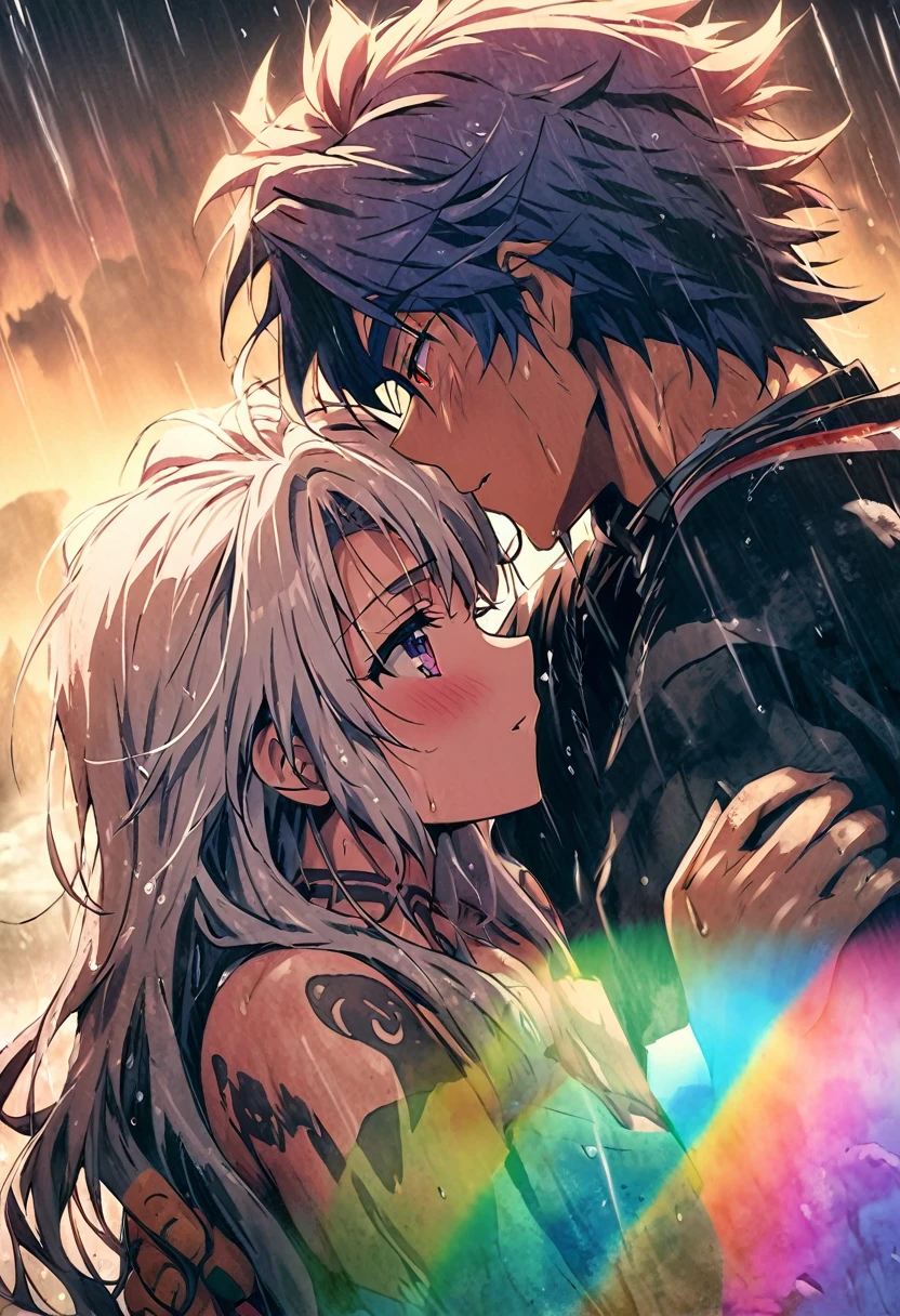 An ethereal sultryseductivedemonic 20 year old anime male druid with metallic long hair and tattoos, intimately holding and almost kissing a 20 year old anime male, anime druid demon male hellscape at night, manga inspired by Masashi Wakui, rainbow color palette, atmospheric fog, decay, worn textures, rain-soaked fantasy village, manga-style illustration --s 150 --ar 1:2 --c 5 Removed From Image