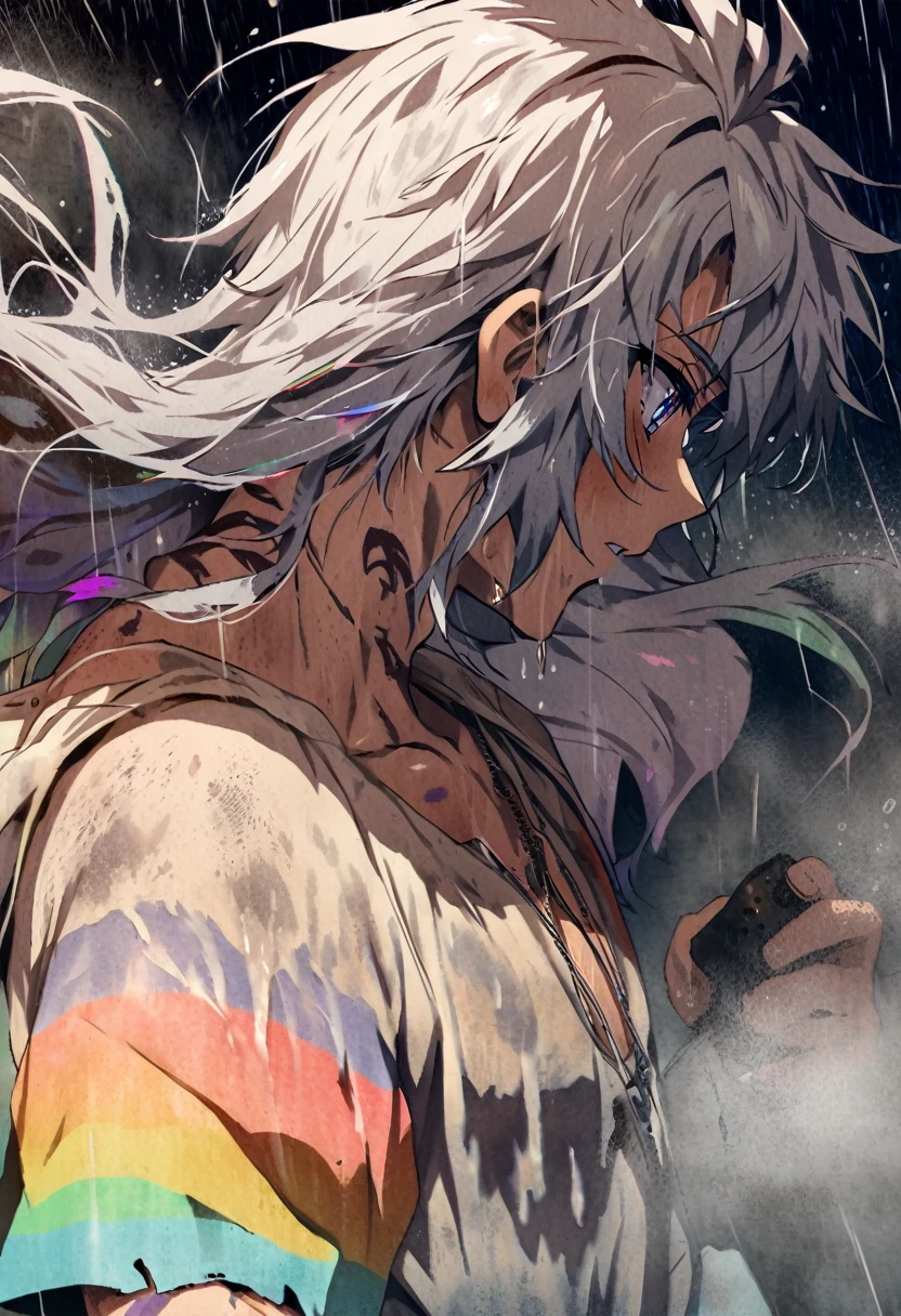 An ethereal sultryseductivedemonic 20 year old anime male druid with metallic long hair and tattoos, intimately holding and almost kissing a 20 year old anime male, anime druid demon male hellscape at night, manga inspired by Masashi Wakui, rainbow color palette, atmospheric fog, decay, worn textures, rain-soaked fantasy village, manga-style illustration --s 150 --ar 1:2 --c 5 Removed From Image