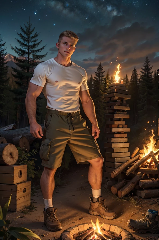 Full body shot, photorealistic full body an 18 year old muscular handsome blond young manly topless Caucasian man with shaved brown hair, Five Clock Shadow, Blue eyes ，Wearing a tan camp counselor shirt and dark brown cargo shorts, White socks, and tan hiking boots and a tall、Muscular 24 year old white young man，With blond shaved hair, Green eyes, Wearing a tan camp counselor shirt and dark brown cargo shorts，There is stubble on the face, White socks, and tan hiking boots on logs in front of a campfire at night. Sexy, male, muscular, like, ((panoramic composition of subject and complete surrounding environment))