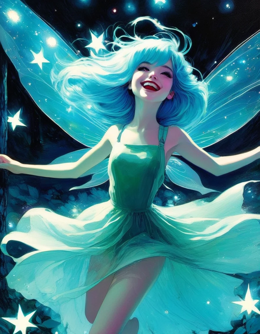 (((best quality))), (((fairy girl))), (((1girl))), (((There is a sense of dynamism))), (((flying towards here))), (((Light blue hair))), (spring in the forest), (((star night))), full body, shoot from front, smile, open mouth ,OuterWorldAI,fireflies,night sky, , Darksynth aesthetic, minimalist background, gothic makeup, (art inspired by Bill Sienkiewicz). oil painting)
