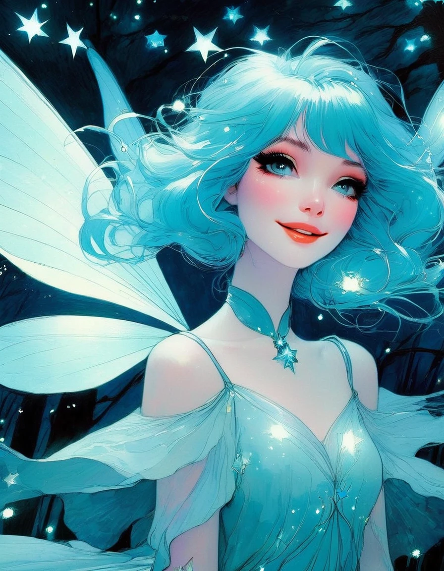 (((best quality))), (((fairy girl))), (((1girl))), (((There is a sense of dynamism))), (((flying towards here))), (((Light blue hair))), (spring in the forest), (((star night))), full body, shoot from front, smile, open mouth ,OuterWorldAI,fireflies,night sky, , Darksynth aesthetic, minimalist background, gothic makeup, (art inspired by Bill Sienkiewicz). oil painting)