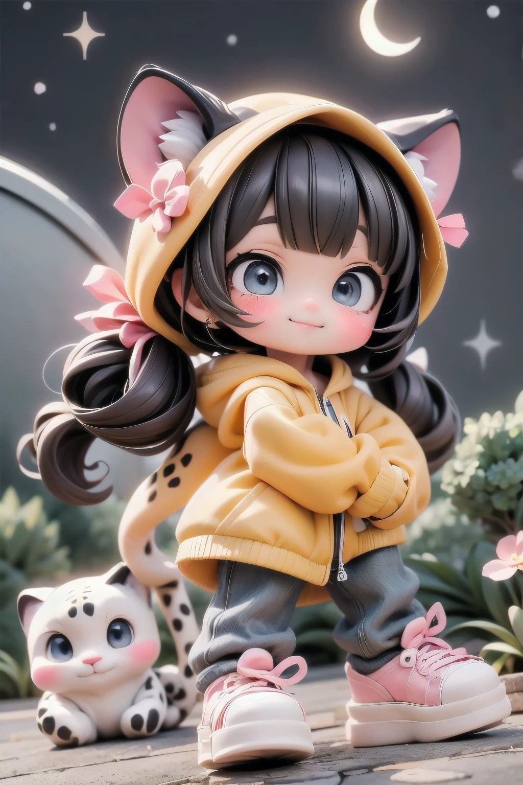 cute chibi girl smiling wearing a (cheetah kigurumi), action pose, dynamic angle, location garden at night, garden outdoors, starry sky, moon