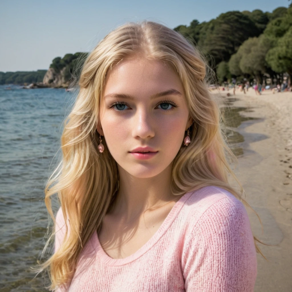 Un portrait photoréaliste d'une jeune blonde de 21 ans avec de longs cheveux blanc et rose  et des yeux sombres saisissants. Elle doit avoir une expression naturelle et accessible et être éclairée par la douce lumière du soleil dorée. L’arrière-plan doit être un décor extérieur pittoresque, peut-être un parc ou une plage ensoleillée. Capturez cette image avec une photo ou tous son corp apparait pour une perspective flatteuse.