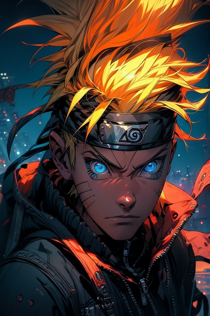 portrait, neon, 1 boy, shonen style, spiky blonde hair, scratches on cheeks, black and red clothing, leather jacket, jeans, boots, bandana with leaf symbol, perfect eyes, cool, blue eyes, full body, color --name Naruto Uzumaki --night background city with futuristic buildings and holograms
