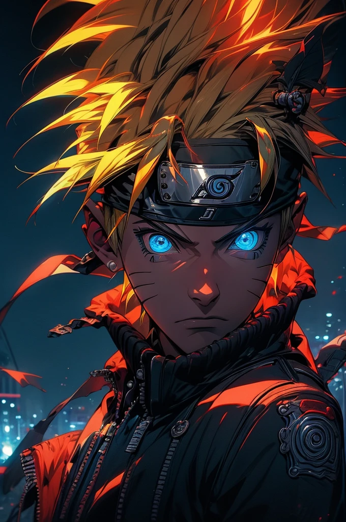 portrait, neon, 1 boy, shonen style, spiky blonde hair, scratches on cheeks, black and red clothing, leather jacket, jeans, boots, bandana with leaf symbol, perfect eyes, cool, blue eyes, full body, color --name Naruto Uzumaki --night background city with futuristic buildings and holograms