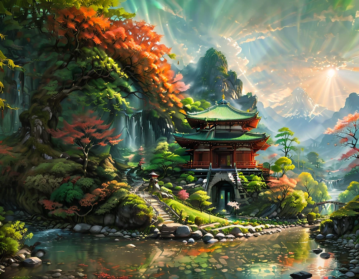 a National Geographic picture of dark Japanese medieval temple, as the sun rises in the horizon, it sits on the bank of a river near surrounded by cherry trees, almond trees, Japanese maple trees, (all trees in many colorful shades of green, red, pin, orange: 1.5) ((all scenery is reflected in the river: 1.5)), an epic ancient Japanese medieval temple, ancient and epic in its majestic antiquity, a sense of serenity, tranquility, divine rays, some clouds, sun rays, (highest quality:1.2, Very detailed, up to date, Vibrant, Ultra-high resolution, High Contrast, masterpiece:1.2, highest quality, Best aesthetics), best details, best quality, highres, ultra wide angle, 16k, [ultra detailed], masterpiece, best quality, (extremely detailed: 1.5), Cinematic Hollywood Film