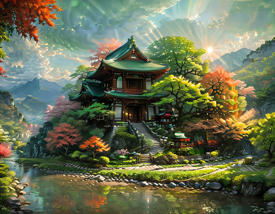 a National Geographic picture of dark Japanese medieval temple, as the sun rises in the horizon, it sits on the bank of a river near surrounded by cherry trees, almond trees, Japanese maple trees, (all trees in many colorful shades of green, red, pin, orange: 1.5) ((all scenery is reflected in the river: 1.5)), an epic ancient Japanese medieval temple, ancient and epic in its majestic antiquity, a sense of serenity, tranquility, divine rays, some clouds, sun rays, (highest quality:1.2, Very detailed, up to date, Vibrant, Ultra-high resolution, High Contrast, masterpiece:1.2, highest quality, Best aesthetics), best details, best quality, highres, ultra wide angle, 16k, [ultra detailed], masterpiece, best quality, (extremely detailed: 1.5), Cinematic Hollywood Film
