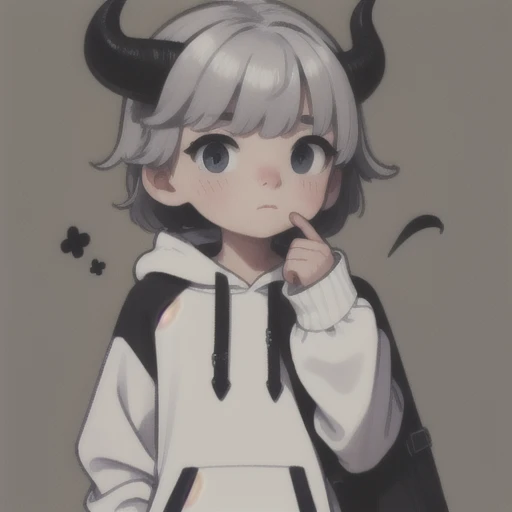 Boy, white, with gray hair, wearing a white hoodie and black demon horns, thinking.