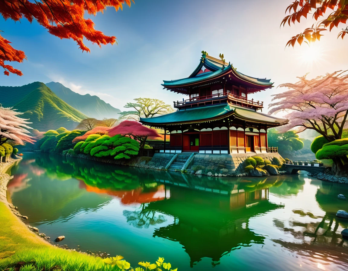 a National Geographic picture of dark Japanese medieval temple, as the sun rises in the horizon, it sits on the bank of a river near surrounded by cherry trees, almond trees, Japanese maple trees, (all trees in many colorful shades of green, red, pin, orange: 1.5) ((all scenery is reflected in the river: 1.5)), an epic ancient Japanese medieval temple, ancient and epic in its majestic antiquity, a sense of serenity, tranquility, divine rays, some clouds, sun rays, (highest quality:1.2, Very detailed, up to date, Vibrant, Ultra-high resolution, High Contrast, masterpiece:1.2, highest quality, Best aesthetics), best details, best quality, highres, ultra wide angle, 16k, [ultra detailed], masterpiece, best quality, (extremely detailed: 1.5),