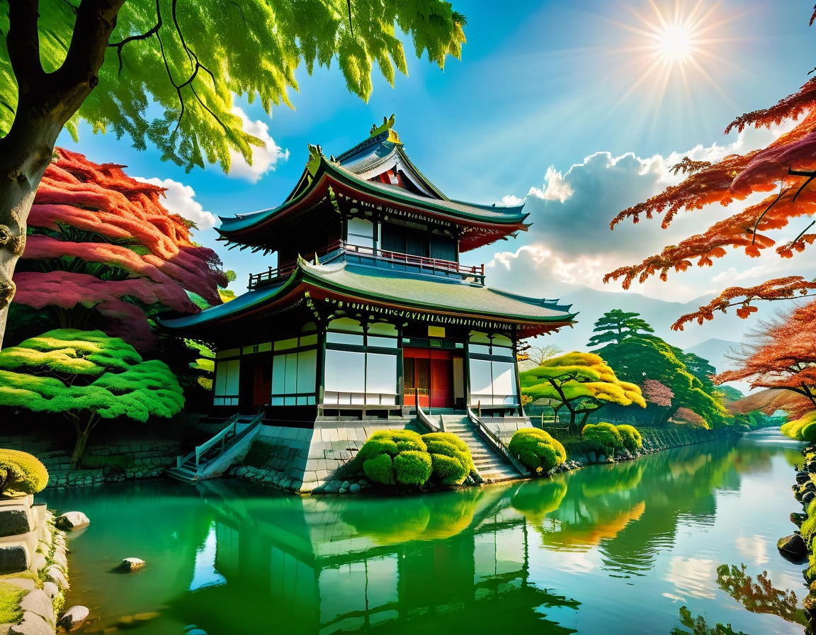 a National Geographic picture of dark Japanese medieval temple, as the sun rises in the horizon, it sits on the bank of a river near surrounded by cherry trees, almond trees, Japanese maple trees, (all trees in many colorful shades of green, red, pin, orange: 1.5) ((all scenery is reflected in the river: 1.5)), an epic ancient Japanese medieval temple, ancient and epic in its majestic antiquity, a sense of serenity, tranquility, divine rays, some clouds, sun rays, (highest quality:1.2, Very detailed, up to date, Vibrant, Ultra-high resolution, High Contrast, masterpiece:1.2, highest quality, Best aesthetics), best details, best quality, highres, ultra wide angle, 16k, [ultra detailed], masterpiece, best quality, (extremely detailed: 1.5),