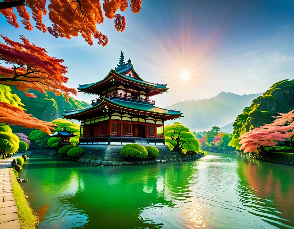 a National Geographic picture of dark Japanese medieval temple, as the sun rises in the horizon, it sits on the bank of a river near surrounded by cherry trees, almond trees, Japanese maple trees, (all trees in many colorful shades of green, red, pin, orange: 1.5) ((all scenery is reflected in the river: 1.5)), an epic ancient Japanese medieval temple, ancient and epic in its majestic antiquity, a sense of serenity, tranquility, divine rays, some clouds, sun rays, (highest quality:1.2, Very detailed, up to date, Vibrant, Ultra-high resolution, High Contrast, masterpiece:1.2, highest quality, Best aesthetics), best details, best quality, highres, ultra wide angle, 16k, [ultra detailed], masterpiece, best quality, (extremely detailed: 1.5),
