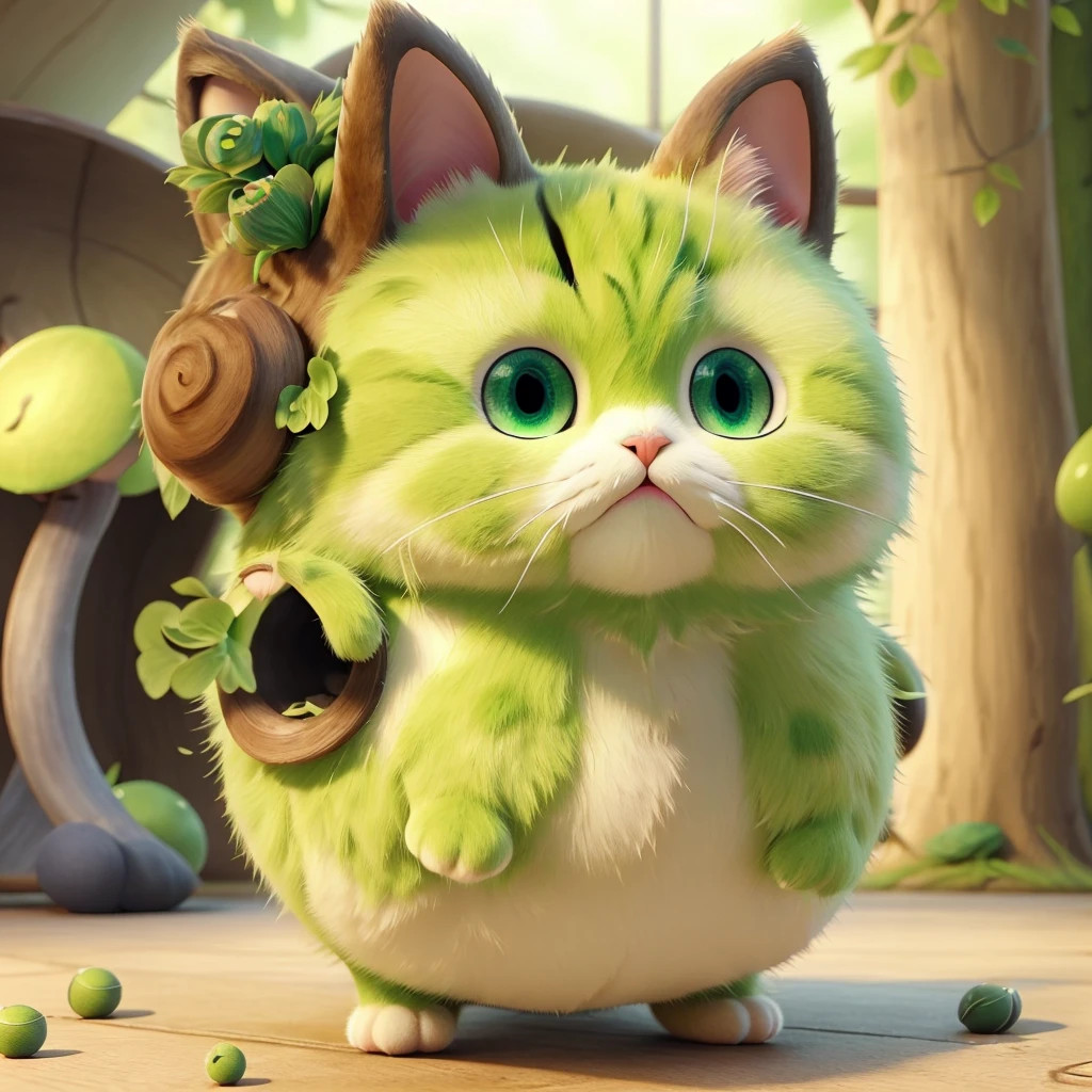 The cat has a "matcha green poisonous mushroom" on its head,like a ha body is like a poisonous mushroom,body becomes round,The feet also become round and short,But without losing the cat’s hair。 Eyes become round and too big,One green eye,The other eye is sapphire blue。The tail is a cat's tail