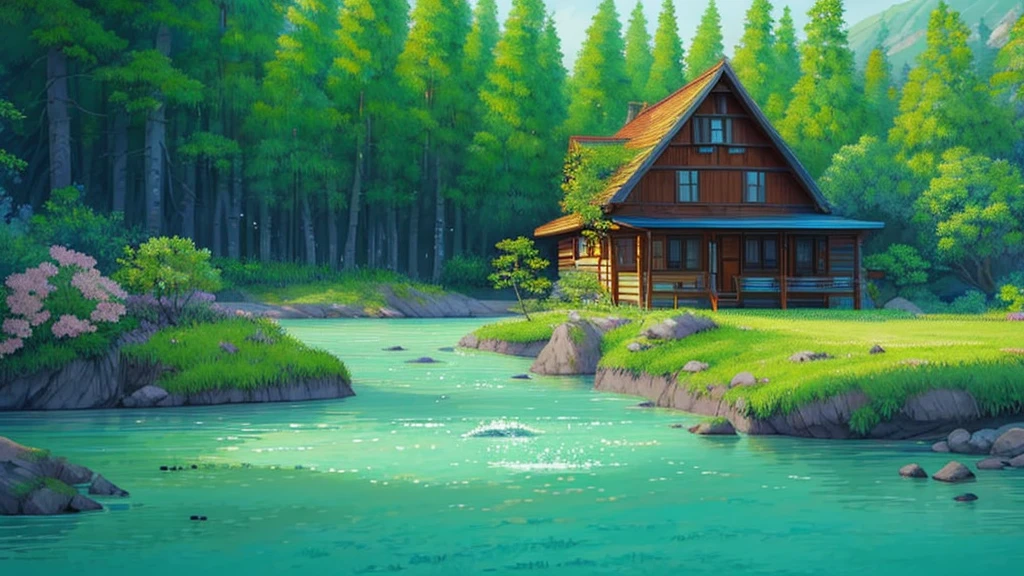 a cabin with trees in the back with a touch of nature with a beautiful river during the day but the house looks small compared to the fauna