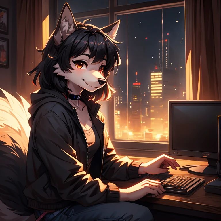 Masterpiece, high quality, furry, wolf, animal ears, body fur, 1girl, solo, black hair, Brown eye, looking at viewer, smile, female, wolf girl, young adult, room and city, Night, RGB lights, warm colors, lofi, room with computer, screen lights, toned body, choker, chill pose, jacket and jeans, femenine clothes, lofi 8bits, furry anthropomorphic wolf, furry wolf nose, light-grey fur