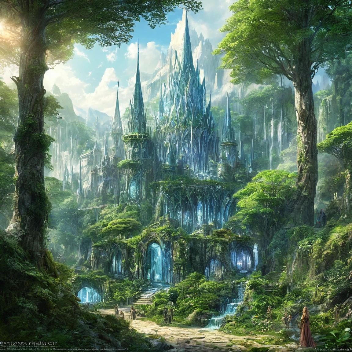 ((best quality)), ((masterpiece)), ((realistic,digital art)), (super detailed), (big crystal elven city in a big forest), (style medieval fantasy)