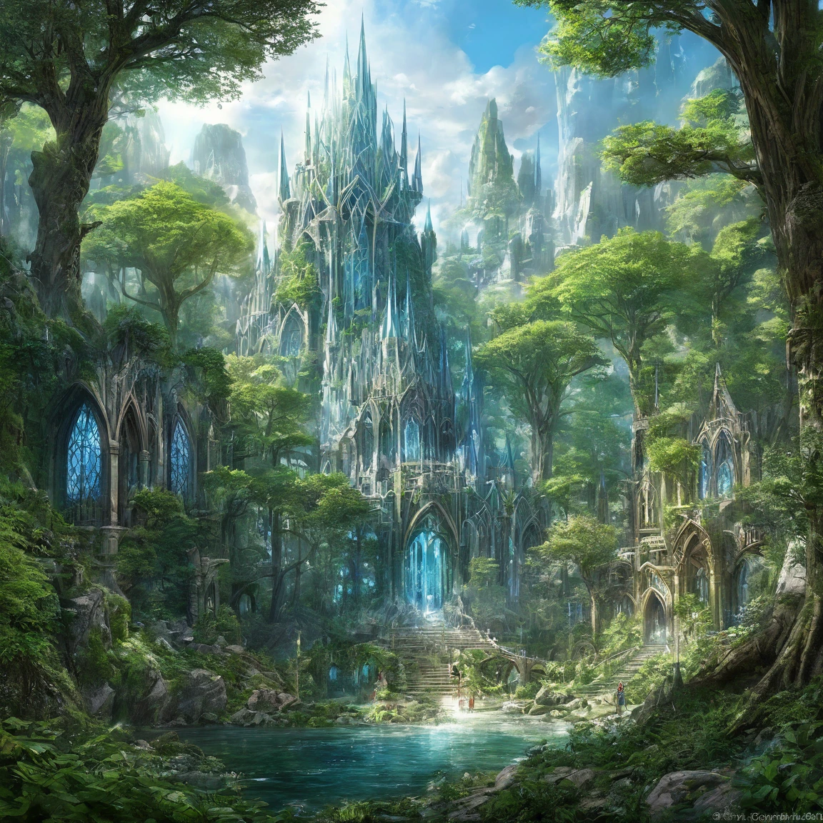 ((best quality)), ((masterpiece)), ((realistic,digital art)), (super detailed), (big crystal elven city in a big forest), (style medieval fantasy)