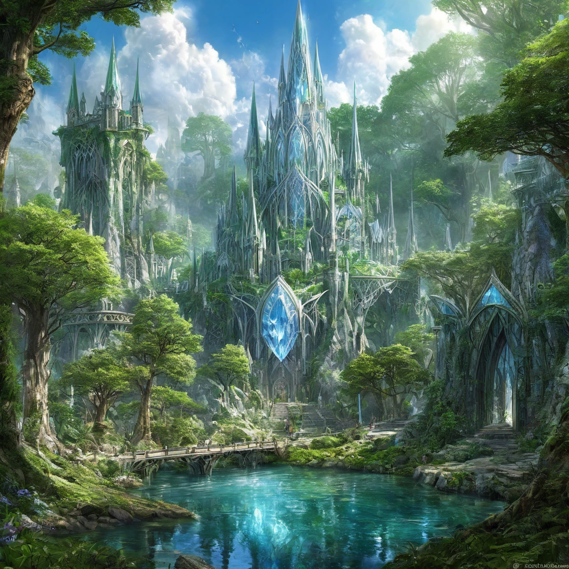 ((best quality)), ((masterpiece)), ((realistic,digital art)), (super detailed), (big crystal elven city in a big forest), (style medieval fantasy)