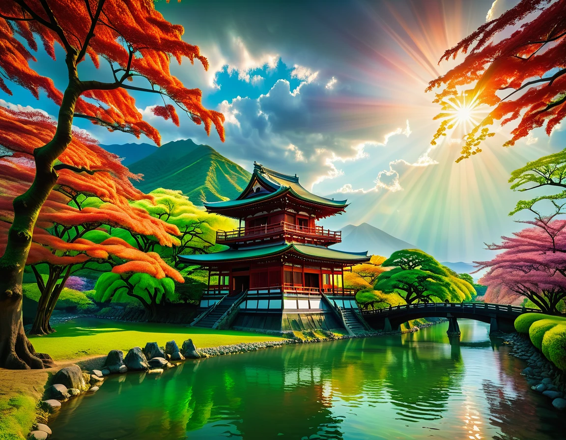 a National Geographic picture of dark Japanese medieval temple, as the sun rises in the horizon, it sits on the bank of a river near surrounded by cherry trees, almond trees, Japanese maple trees, (all trees in many colorful shades of green, red, pin, orange: 1.5) ((all scenery is reflected in the river: 1.5)), an epic ancient Japanese medieval temple, ancient and epic in its majestic antiquity, a sense of serenity, tranquility, divine rays, some clouds, sun rays, (highest quality:1.2, Very detailed, up to date, Vibrant, Ultra-high resolution, High Contrast, masterpiece:1.2, highest quality, Best aesthetics), best details, best quality, highres, ultra wide angle, 16k, [ultra detailed], masterpiece, best quality, (extremely detailed: 1.5),
