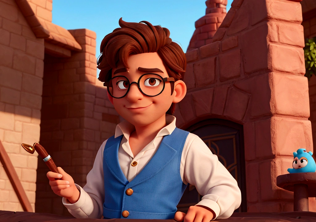 create a disney style character, naughty man, offwhite, light brown hair, brown eyes and glasses