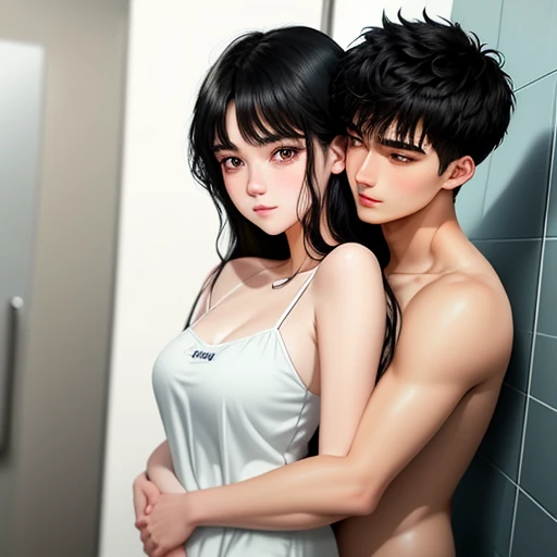 Couple hug scene on shower use towel
20-year-old boy and 18-year-old girl, Detailed face, Detailed eyes, double eyelid,, Handsome-cool-warm-boy with black hair and hot-seductive-sexy-cute-beautiful-girl with black hair and blushing face. Intimate vibes.