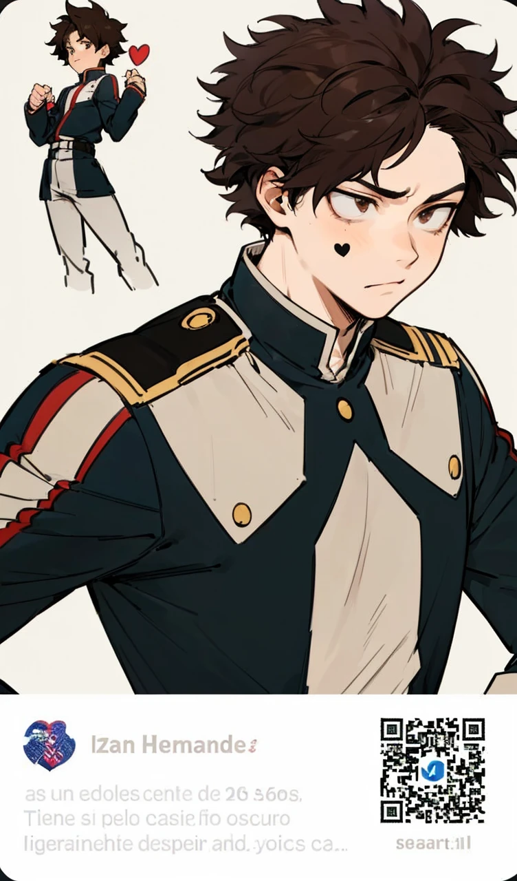 He is a 16 year old ager, He has slightly disheveled dark brown hair..., somewhat light brown eyes, He has a black heart-shaped spot on his left cheek that is quite large..., It is something serious, He has a somewhat exercised body, He is dressed in the anime uniform. "my hero academia".