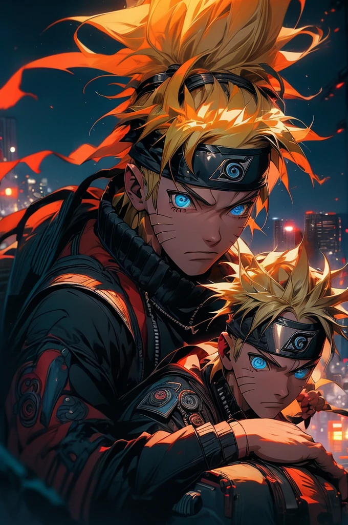 portrait, neon, 1 boy, shonen style, spiky blonde hair, scratches on cheeks, black and red clothing, leather jacket, jeans, boots, bandana with leaf symbol, perfect eyes, cool, blue eyes, full body, color --name Naruto Uzumaki --night background city with futuristic buildings and holograms