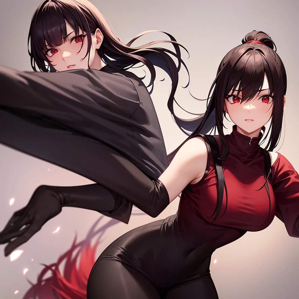 masterpiece, 1 mature woman, spider woman, drider, thorax, spider girl, monster girl, long black hair, hair in ponytail, Looking down at camera, red eyes, frowning, web background, spider, spiders, ink drawing