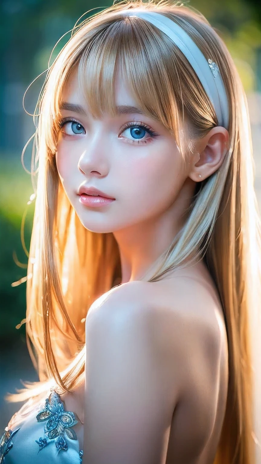 night、RAW Photos、(((A portrait of extreme beauty)))、((Glowing Skin))、1 girl、15 years old beautiful girl in Prague、((Natural light blonde hair))、[blue eyes]、Shiny, glossy skin、Silky long straight hair、eyeliner、Long Bangs、Hair between the eyes、Fluttering Hair、((masterpiece、最high quality、Super detailed、Film Light、Intricate details、High resolution、8K、Very detailed))、Detailed Background、8K uhd、Digital SLR、Soft Light、high quality、Film Grain、Fujifilm XT3 、Shallow depth of field、Natural light、（Perfect hands）、Perfect pretty face