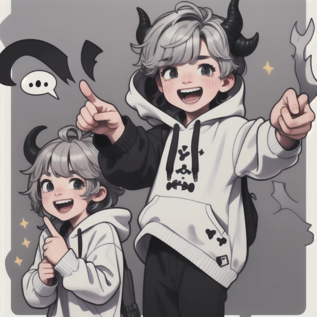 Boy, white, with gray hair, wearing a white hoodie and black demon horns, laughing a lot, pointing.