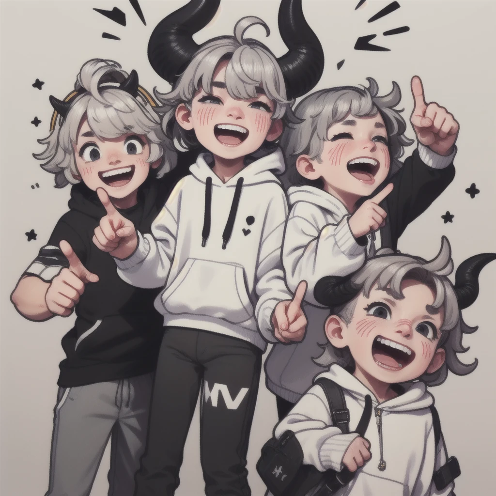 Boy, white, with gray hair, wearing a white hoodie and black demon horns, laughing a lot, pointing.