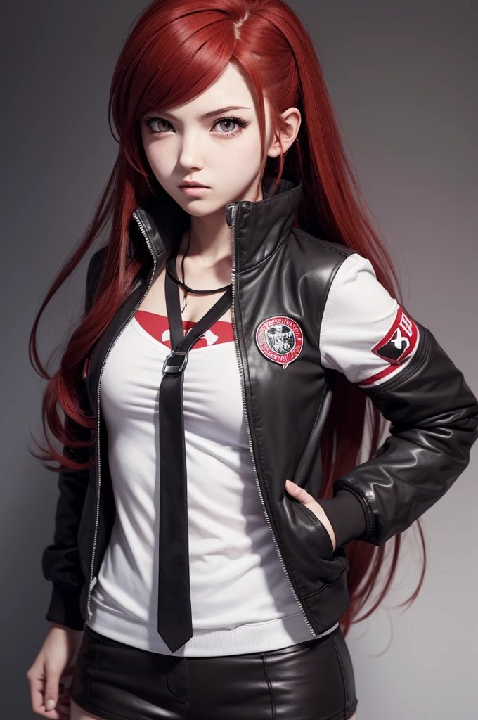 Danganronpa Ultimate Bomber Style Woman,medium straight red hair white eyes rebellious age style
