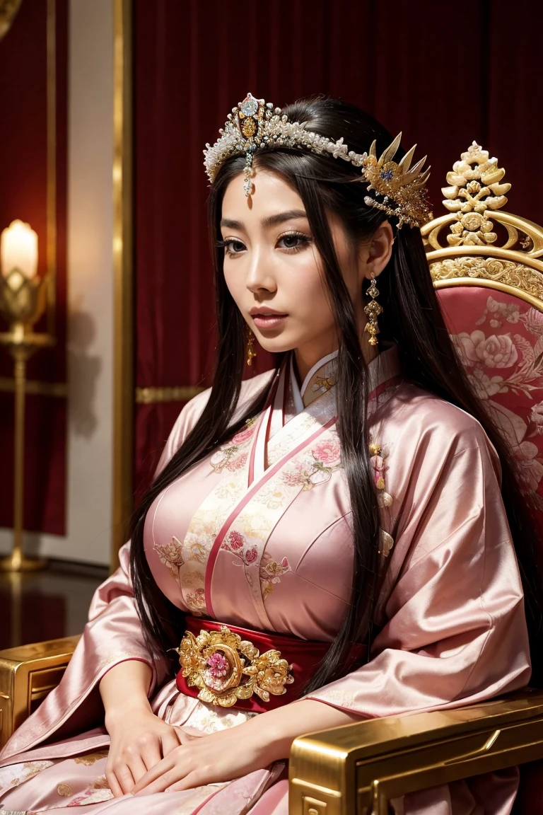 a close up of a woman sitting on a throne with a flower in her hair, a beautiful fantasy empress, ((a beautiful fantasy empress)), royal elegant pose, palace, a girl in hanfu, japanese empress, sitting on her throne, full body xianxia, on her throne, anime goddess, lovely queen, ancient japanese princess ((bimbostyle))