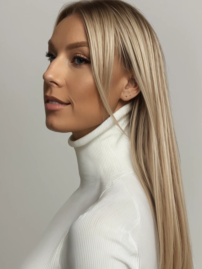 Photo of a gorgeous blonde, she is wearing an off-white skinny tight ribbed turtleneck sweater