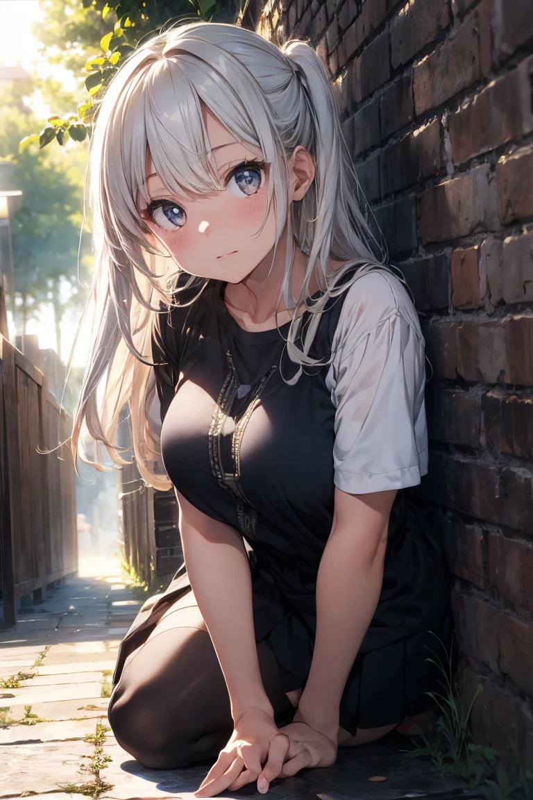 ((((masterpiece)))), expensive quality, very_expensive_solve, One Girl, {{they are}}, (()), ((white hair)), {{cute}}, face, Drunk, Blue off-the-shoulder spring outfit, gradation kimono, , hairpin, Pull up to your knees、Put your hand out in front of you and hold it、Leaning against a wall, Liquor, ((forest)), ((Backstreets)), paving stone, fog, Wind, ((Spotted sunlight)), white, ((View your audience)), 閉じる小さな胸の谷間Wind呂敷を差し出す