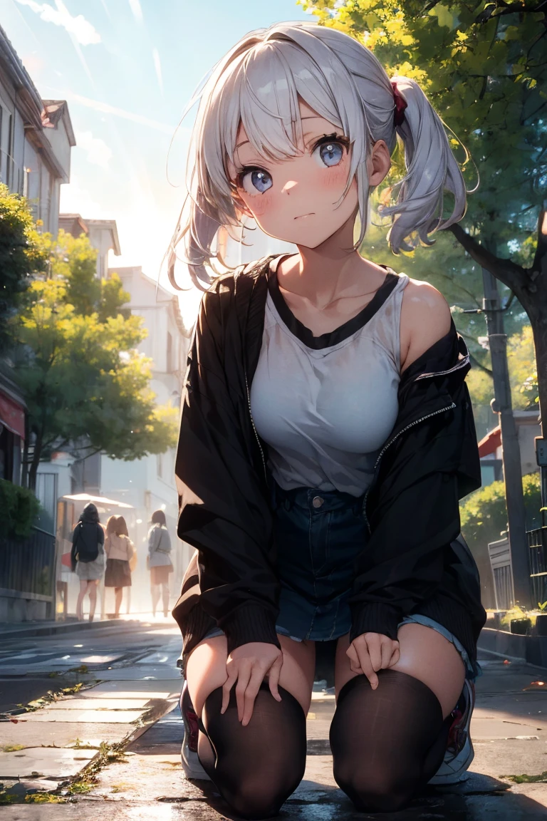spread legs with squatting pose、M-shaped legs、Spread your legs、Sit on the ground、I'm looking away、In town、bustling street、Pantieini skirt、Private Server、Girl、Girl、Younger、Baby Face、flat chest、Dynamic Angle、smile、Both eyes open、Voyeur style、ground