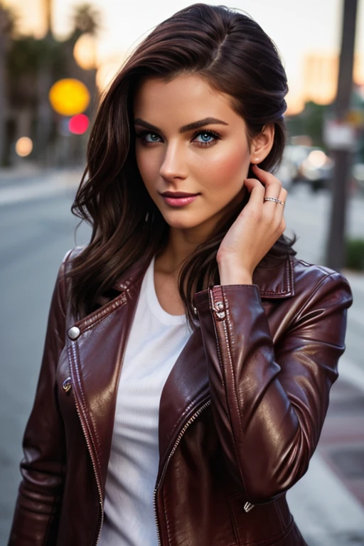 best quality, realistic, front pov, KristannaTX in a los angeles city street, (a female german supermodel), (wine red leather button jacket:1.1), seductive smile, (dark hair), (updo hair:1.0), perfect eyes, sharp details, detailed face, face makeup, cheeks blush, eyeliner, eyeshadows, lip gloss, supermodel, (deep focus), (hard lighting), (night time), (realistic lighting:1.0) (Terminator hand)