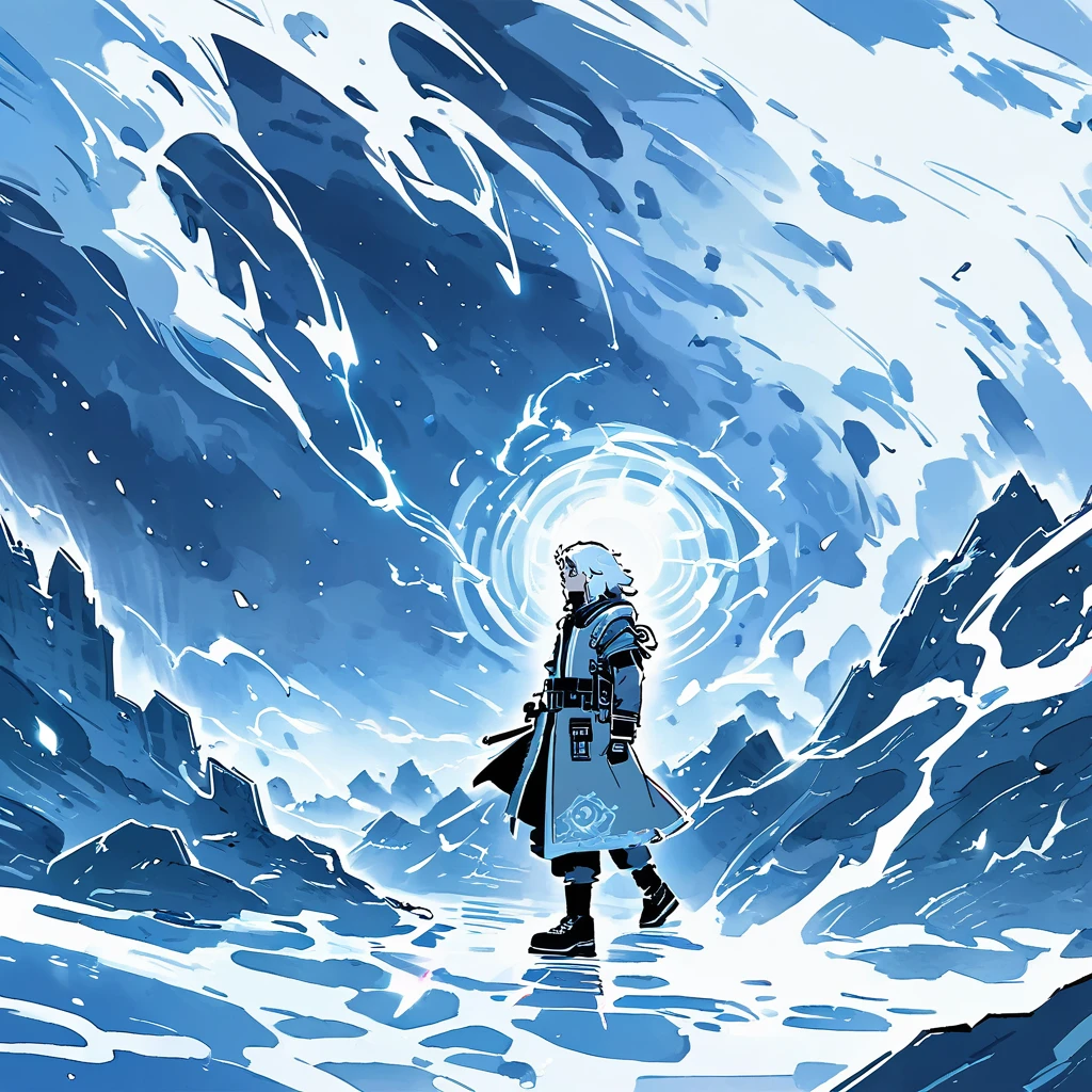 (Best Quality) Fictional world, Dungeonpunk, white portal,
Boy with white hair ( Type of Satoru Gojo ), dark shaped eyes, Black clothing with white details, standing backwards, se aproximando ao pequeno white portal que está logo a frente, katana, Electricity in the air, inside a cave, Dungeonpunk