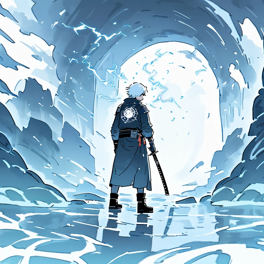 (Best Quality) Fictional world, Dungeonpunk, white portal,
Boy with white hair ( Type of Satoru Gojo ), dark shaped eyes, Black clothing with white details, standing backwards, se aproximando ao pequeno white portal que está logo a frente, katana, Electricity in the air, inside a cave, Dungeonpunk