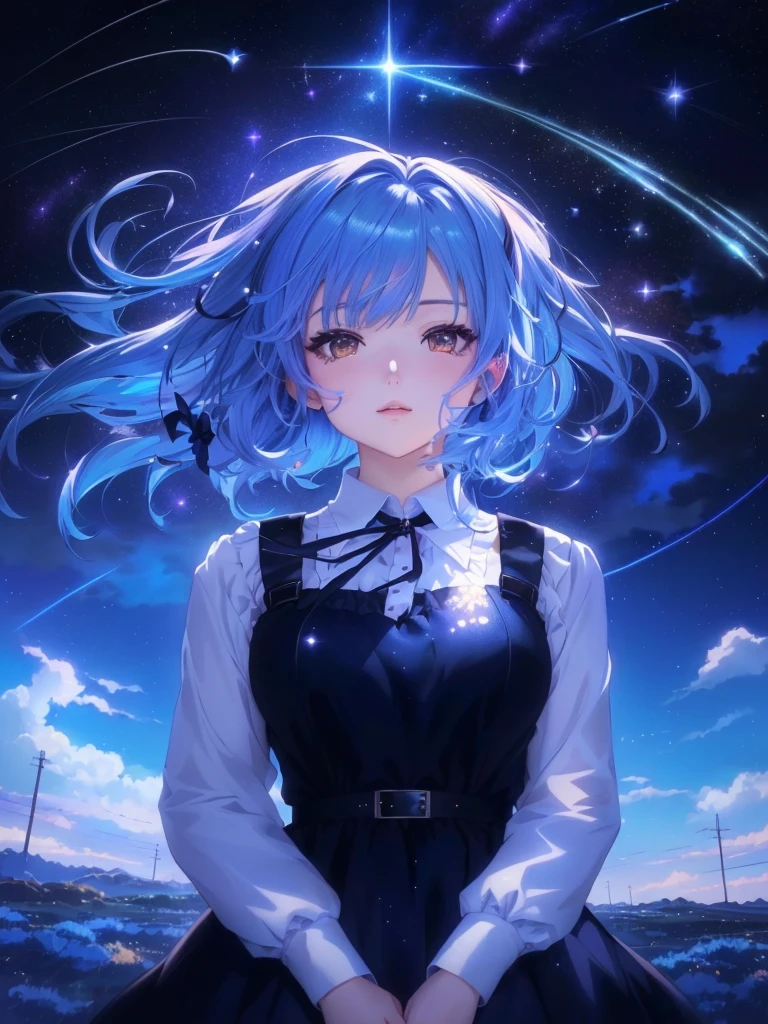 Anime girl with blue hair and black dress standing in front of a starry sky, Anime Moe Art Style, Anime Style 4k, Anime Art Wallpapers 8K, 4k anime wallpaper, anime art wallpaper 4k, anime art wallpaper 4k, anime wallpaper 4k, anime wallpaper 4k, 4K Manga Wallpapers, Best anime 4k konachan wallpaper