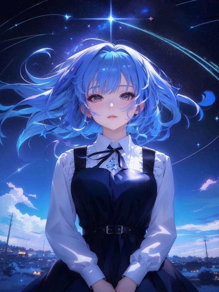 Anime girl with blue hair and black dress standing in front of a starry sky, Anime Moe Art Style, Anime Style 4k, Anime Art Wallpapers 8K, 4k anime wallpaper, anime art wallpaper 4k, anime art wallpaper 4k, anime wallpaper 4k, anime wallpaper 4k, 4K Manga Wallpapers, Best anime 4k konachan wallpaper